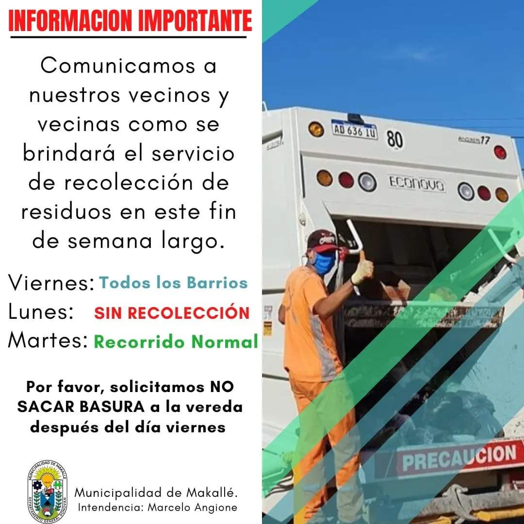Cómo será la recolección de residuos durante el fin de semana largo en Makallé