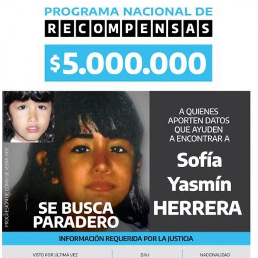 Aumentan a 5 millones de pesos la recompensa para quienes brinden datos sobre el paradero de Sofía Herrera