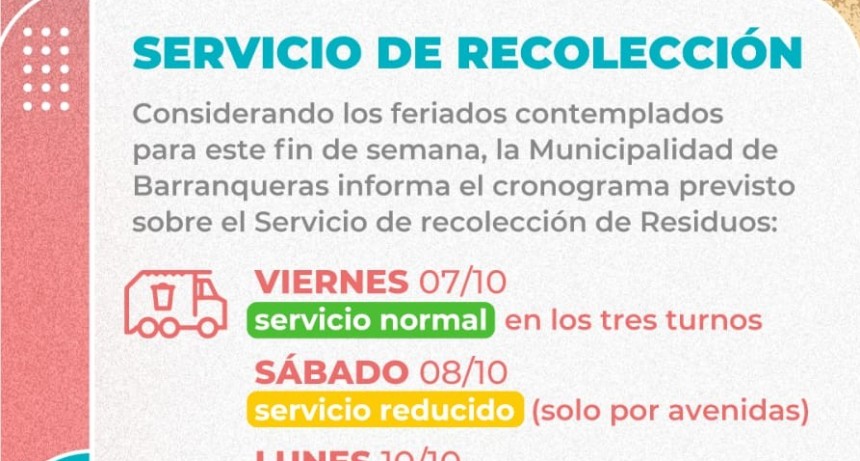 Barranqueras: el lunes no habrá recolección de residuos 